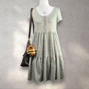 See You Monday Floral Tiered Dress Women's M Green Cottage Bloomcore Coquette